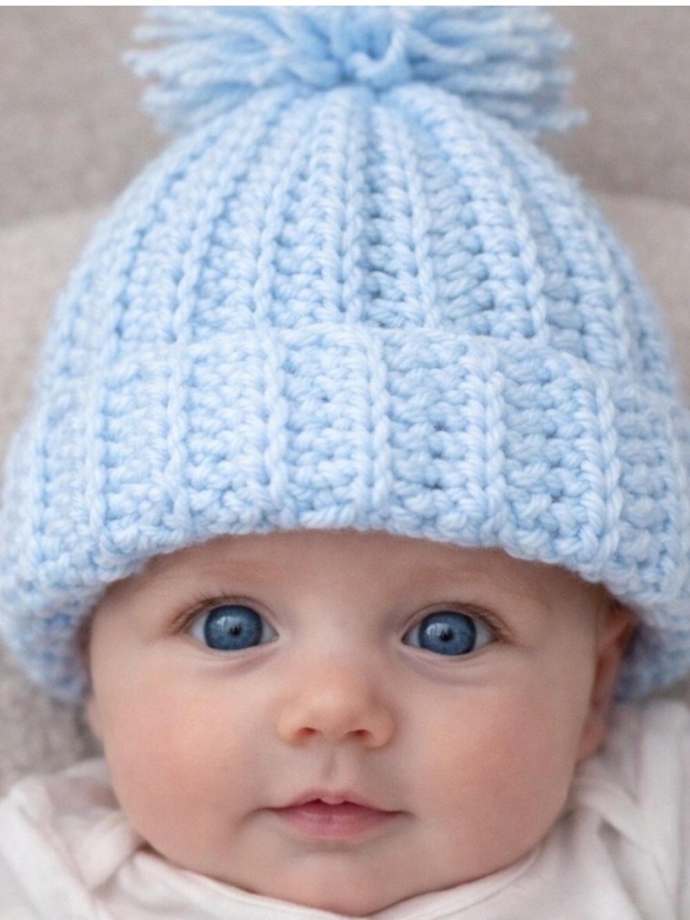 Handmade Crochet Baby Beanie 0-3 Months light baby blue Pom Hat